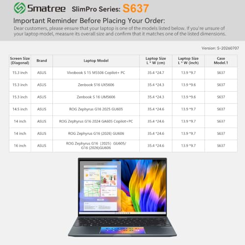 Image of Smatree SlimPro Laptop Case for 15.6 inch ASUS Vivobook S 15 M5506 | Compatible for 16 inch ASUS Zenbook S16 UX5606, for ROG Zephyrus G16 2026 GU606 /2025 GU605 /GA605, Case(S637)