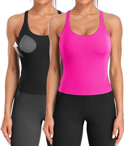 Image of ATTRACO Ribflex Ribbed Workout Crop Tops with Built in Bra for Women Yoga Racerback Tank Top Slim Fit