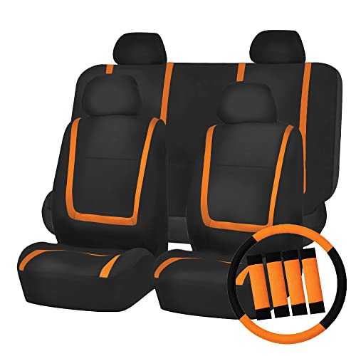 FH Group Automotive Seat Covers Unique Flat Cloth Orange Full Set, Combo Steering Wheel Cover and Seat Belt Pads Rear Solid Bench Universal Fit for Vans Cars Trucks and SUV Interior Accessories