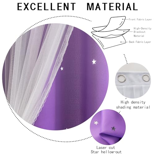 Image of indistar Colourful Stripe Star Cut-Out Blackout Curtains for Bedroom,2 Layers Mix Design of Fabric & Tulle,Pretty Window Curtain for Kids Room 1 Panel (W52 x L95 Dark Purple)