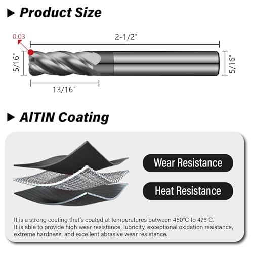 Image of 5 /16 inch Carbide Corner Radius End Mills - 0.03 inch Corner Radius, AlTiN Coated, 4 Flute Endmill for Milling Alloy Steel, Cast Iron, Copper