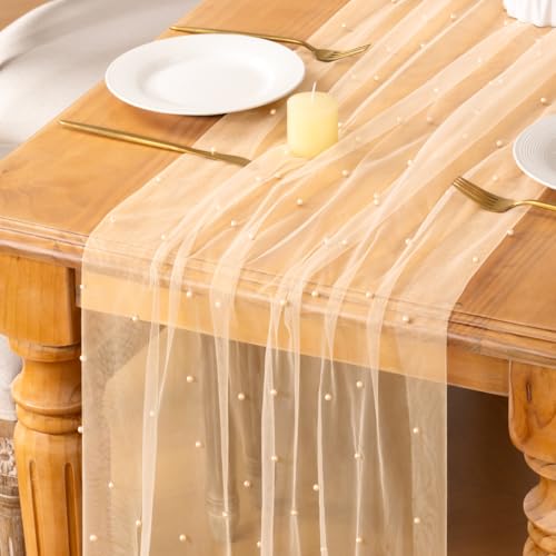 Image of MLMC Champagne Pearl Table Runner Boho Rustic Tulle Table Runner with Pearls 10ft 29 inchx120 inch Cheesecloth Table Decor for Wedding Bridal Shower Anniversary Home Decoration