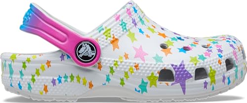Image of Crocs Kids Classic Clog Seasonal Graphic for Toddler - Thermoplastic Upper with Jibbitz Charms, and Pivoting Heel Strap Shimmer /Multi Disco Party 8 Toddler M