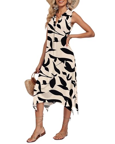 Image of AUSELILY Womens Summer Midi Dress V Neck Sleeveless Casual with Pockets | Flowy womens summer dress with asymmetrical hem, great for beach, vacation and daily wear