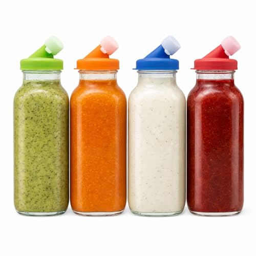 kitchentoolz Salad Dressing Container Glass Bottles 16oz Glass Salad Dressing Shaker Bottle 4-Pack with Non-Metal Silicone Lids for Dressings Marinades Sauce