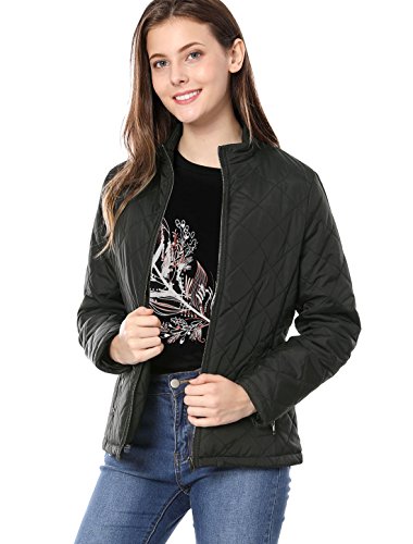Allegra K Women's Stand Collar Zip Lightweight Quilted Jacket XL Black