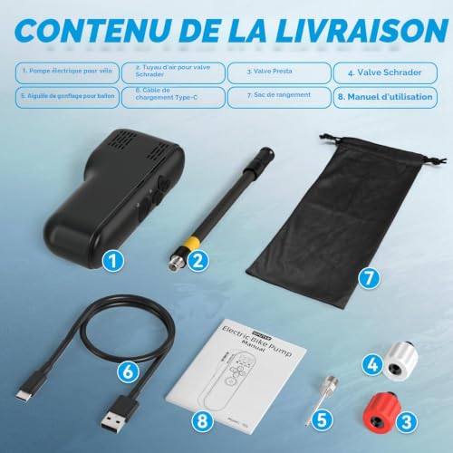 GPUTEK Pompe à Velo Electrique, Mini Pompe Velo 130psi avec Manomètre Numérique, Pompes à Vélo avec Accessoires de Valve Presta, Schrader, pour Vélo de Route, VTT, Vélo électrique, vélos de Ville – vue 7