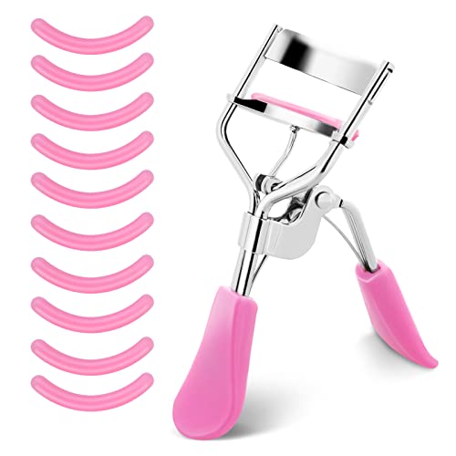 Sibba Rizador de pestañas profesional para mujer, sin pellizcos ni tirones de larga duración que se adapta a todas las formas de ojos maquillaje para con 10 almohadillas de repuesto de silicona (rosa)