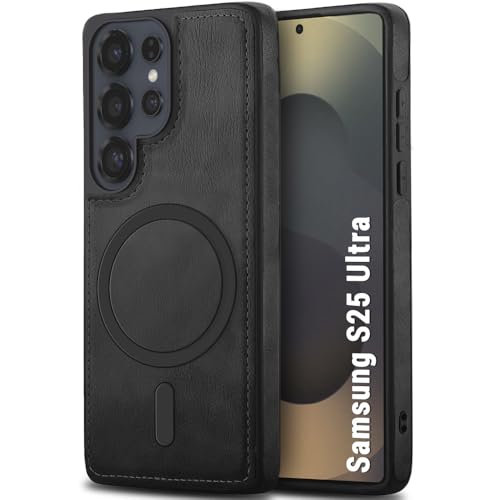 Image of TheGiftKart Genuine Leather Finish Back Cover Case for Samsung Galaxy S25 Ultra 5G | Raised Edges for Camera & Screen Protection | Shockproof Stunning Minimalist Design (MagSafe Compatible, Black)