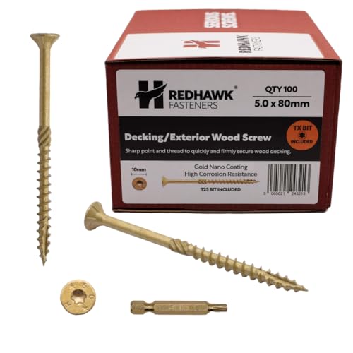 Box of 100 Redhawk Fasteners® Decking/Exterior Wood Screw | 5.0 x 80mm | Corrosion Resistant Gold Nano Coating | T-25 Torx Drive | Driver Bit Included