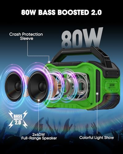 Image of ANCOON Speakers Bluetooth Wireless: 80W(Peak) Loud Speaker with Bass, 20H Playtime, IPX6 Waterproof, Large Jobsite Speakers for Work, Outdoor, Workshop, Garage, Portable Speaker with TWS (Green)