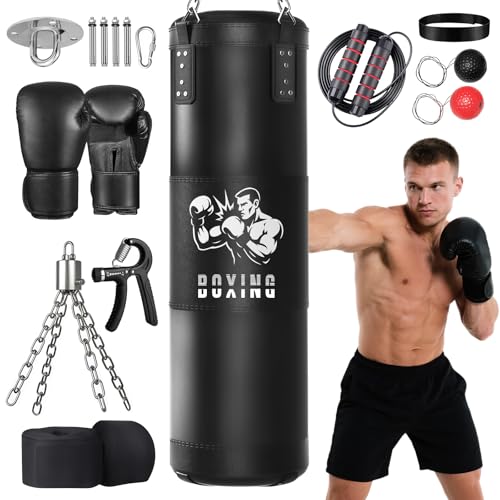 Saco de Boxeo Adultos Ninonly 120 cm Colgante con Guantes de Boxeo Ejercitador de Agarre Manual y Cuerda para Saltar para Artes Marciales Mixtas, Muay Thai,Kickboxing,Gimnasio en Casa,Artes Marciales