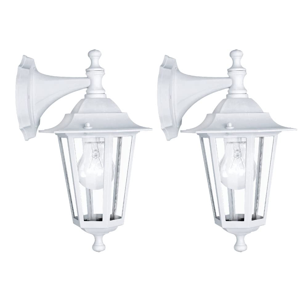 Britalia Matt White 2 Pack - & Clear Glass Panel Outdoor Vintage Down Lantern Wall Light | Ip44 Exterior Rated | 35Cm Height | 1 X Es E27 Lamp Required | Aluminium | Garden - Patio - Driveway | Uk Approved