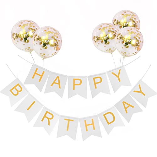 Joyeux Anniversaire Banniere Happy Birthday - Banderole Joyeux Anniversaire Avec 5 Pcs Latex Confettis Ballons pour Décorations De Fête d'Anniversaire - BY VCOSTORE(Blanc) Cover