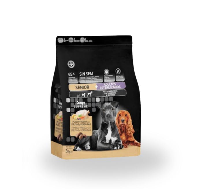 Compy Comida para Perros Sénior y Adultos Esterilizados con Pollo, Frutas y Verduras, Razas Medianas y Grandes, 3 kg