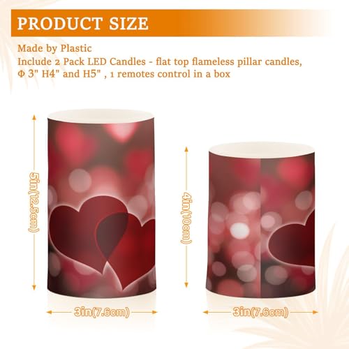 Image of Valentines Lights Flameless Candles Valentines Hearts Bokeh Effect Pillar Candles Set of 2 Battery Operated Remote Control Warm Lights Home Decor