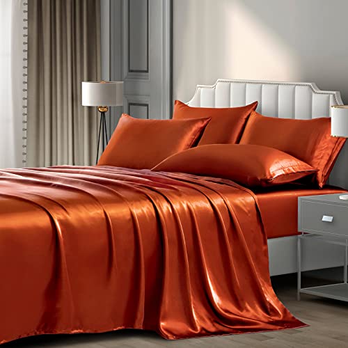 Drap-housse en satin et drap plat parure de lit orange brûlé - 2