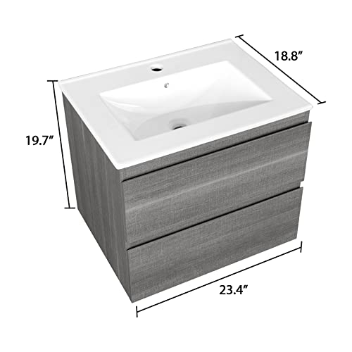 Kswin 24" Wall Mounted Bathroom Vanity With Sink Grey Floating Vanity Two Drawers Bathroom Cabinet With White Ceramic Integrated Sink #TOP4