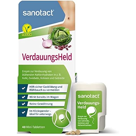 sanotact VerdauungsHeld • 40 Mini-Tabletten • Hilft bei Verdauung von Getreide, Kohl & Hülsenfrüchten • Reizdarm Tabletten verdauungsfördernd bei Blähbauch Cover