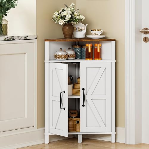 CHOEZON Farmhouse-Style Corner Cabinet, Corner Shelf with Open Storage, Double-Door Storage Cabinet, Twist-to-Lock Design, Space-Saving, for Living Room, Bathroom, Kitchen, White and Walnut MCJ04WLC1 by CHOEZON - Image 2