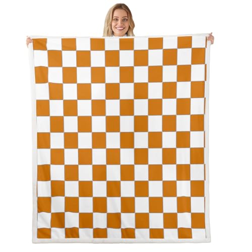 Image of Erosebridal White Orange Checkered Fleece Bed Blanket Throw 50 inchX60 inch Buffalo Plaid Grid Throw Blanket,Checkerboard Sherpa Blanket for Kids Adults Men Women Aesthetics Gingham Flannel Blanket