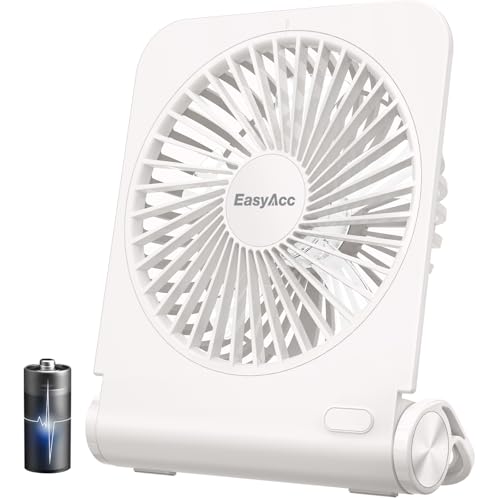EasyAcc Tischventilator Sehr Leise, Tischventilator Batterie Tragbarer USB Ventilator 4000 Akku 4 Geschwindigkeit Mini Aufladbarem Tragbarer Desk Fan Lüfter für Büro - Weiß