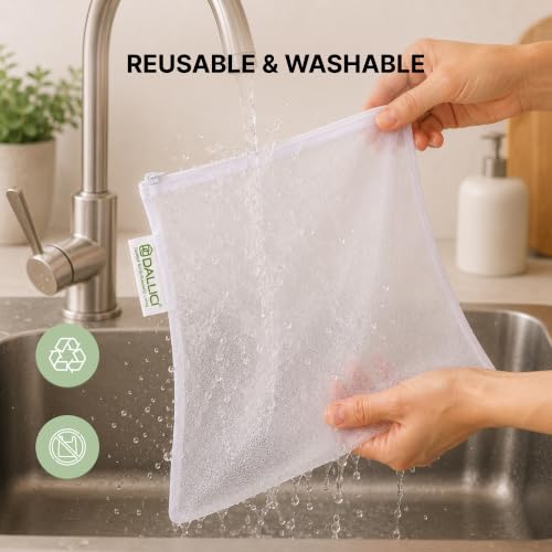 Image of DALUCI Vegetable Bags for Fridge Set of 12 Reusable Fridge Storage Bags for Vegetables and Fruits with Zipper Dual Layer Mesh Vegetable Storage Bags Multi Size Refrigerator Organizer Bags (White)