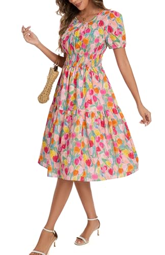 Image of Kormei Women Summer Casual Boho Floral Round Neck Short Sleeve Smocked Waist Tiered Flowy Swing Midi Dress M Pink Floral