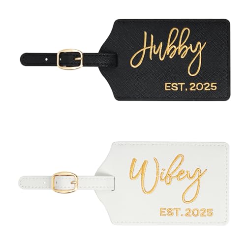 Hubby and Wifey Embroidered Luggage Tags, EST. 2025 Wedding Gift for Couples, Honeymoon Suitcase Tags, Travel Accessories, Bag Tags, Bridal Shower Engagement Gifts (Est 2025)