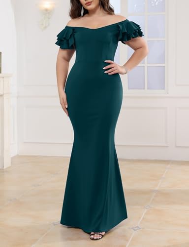Image of Ekaliy Women's Plus Size Maxi Dress Elegant V-Neck Ruffle Sleeves Bodycon Mermaid Evening Gown