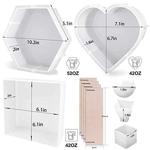 YOILES Resin Molds Silicone,Epoxy Resin Casting Craft Mold for Flower Preservation Bookends DIY Art (Large, Hexagon+Heart+Square)