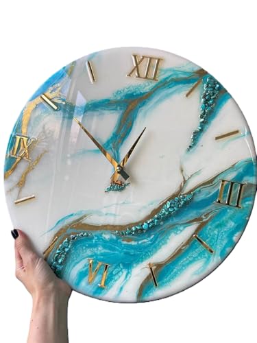 Image of Handmade Resin Wall Clock with Roman Numerals - Luxury Marble Effect Designer Wall Clock with Gold Finish, Silent Quartz Movement, Modern Home & Office Decor (Sky Blue White)