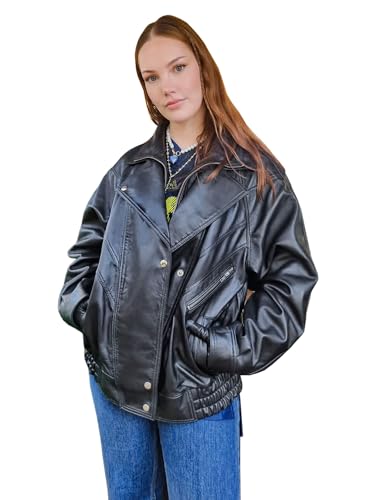 Veste en cuir de motard à col avec étiquette et coupe oversize style décontracté