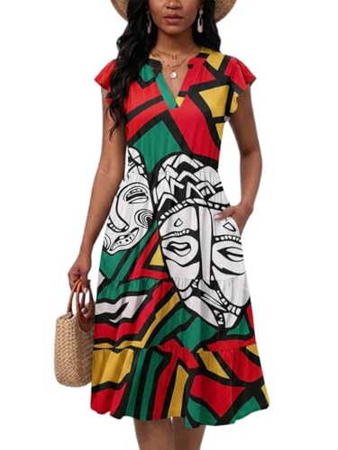 Image of Womens Summer Dress Ruffle Sleeve V Neck Midi Dresses Casual Fit Flowy Tiered Boho Beach Vacation Sundress