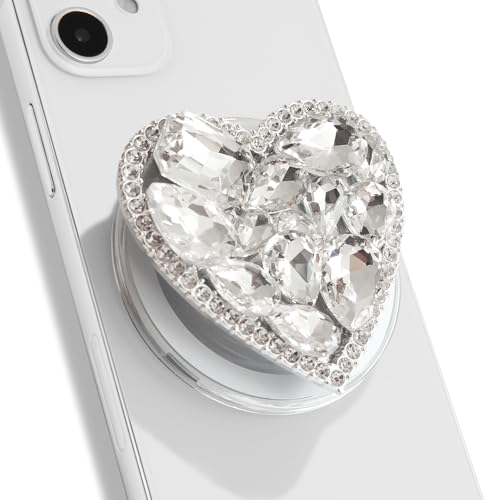 Image of OnTheGrip Compatible with Magsafe Cute Cubic Diamond Heart Shape Design Collapsible Mobile Phone Grip Stand Holder for Smartphone Tablet Cell Phone Accessory (Silver Big)