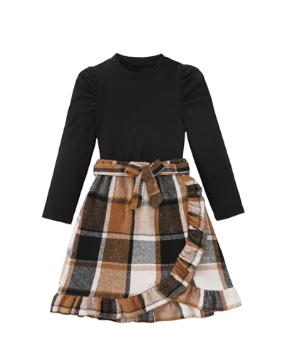 Yhnslsf Girls Clothes Fall Outfits 2 Piece Skirt Set Black Long Sleeve Ruffle Sleeve Top Dark Apricot Irregular Pleated Plaid Skirt Set Winter Preppy Clothing for Teen Girl Size 11-12Years