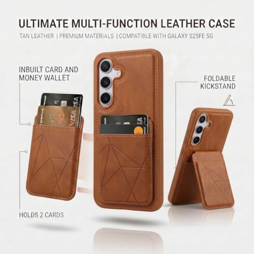 Image of amazon basics Premium Vegan Leather Back Cover with Card Holder and Integrated Mobile Stand for Samsung Galaxy S25FE 5G - Slim Shockproof Wallet Case with Geometric Stitching [Tan]