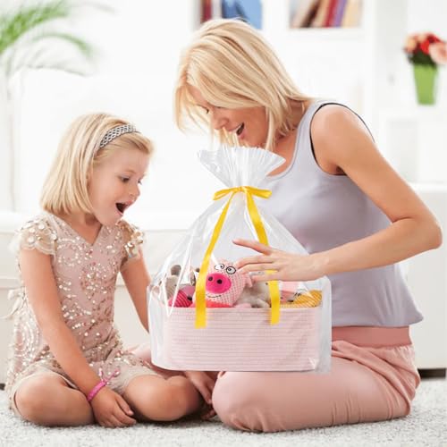 Image of OIAHOMY Woven Basket, Gift Basket Empty with Gift Bags and Ribbons, Rope Baskets for Baby Showers, Storage Baskets with Handles for Nursery, Pet Toy Organizer - Mixed Pink