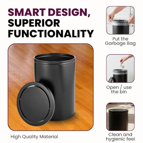Image of OPR Swing Lid Dustbin - 20L | Black Stainless Steel Trash Can | 10 Inch (W) x 14 Inch (H) | Swing lid Steel dustbin for home with removable lid| For Kitchen, Bathroom, Office & Commercial Use (20 Ltr)