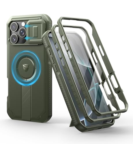 Image of Dexnor for iPhone 16 Pro Max Case with Slide Camera Cover&Adjustable Kickstand&Built-in Screen Protector,Compatible Wireless Charging Shockproof Cases Heavy-Duty Mangetic Protective Cover,Army Green