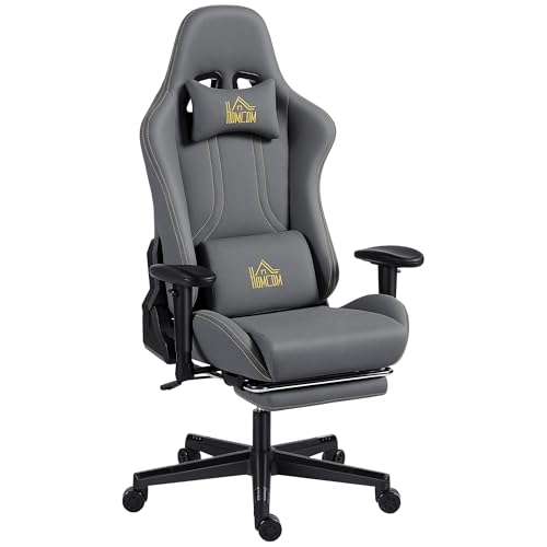 HOMCOM Gaming Stuhl Ergonomischer Wildlederimitat Gamer Stuhl mit Lendenkissen, Fußstütze, Kopfkissen, Gaming Sessel mit 3D Armlehnen Höhenverstellbar Bürostuhl mit Dunkelgrau