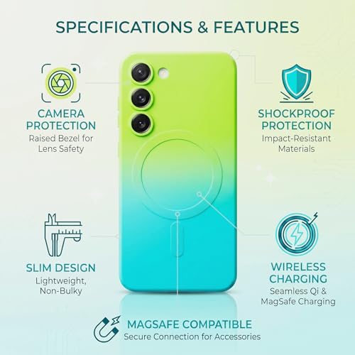 Image of amazon basics Gradient Mag-Safe Case for Samsung Galaxy S23 5G | Soft Silicone Shockproof Cover with Camera Protection | Slim Lightweight Design | Smooth Touch & Durable - Green & Blue