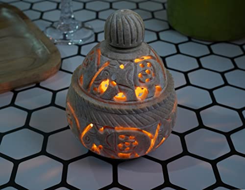 Crocon Soapstone Tea Light Holder For Home Living Room Decor Handmade Floral Elephant Tealight Stand With Lid Vintage Hand Crafted Stone Candle Holders Table Decoration Best Gift Size : 3X3 Inch #TOP6