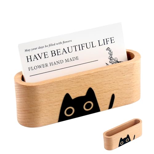 YOYAI Wood Cat Business Card Holder Desk Wooden Cute Business Card Holders Card Display Stands