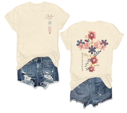 Christian Bible Verse Graphic T Shirts Women Jesus is The Light Print Tees Religious Gift Inspirational Casual Tee Tops