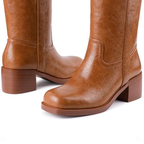 Image of Gothictor Women's Banana Knee High Boots Square Toe Chunky Block Heel Comfortable Low Heel Pull on Wide Calf Riding Long Boots for Women