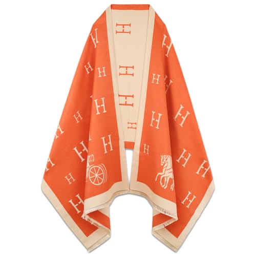 EXTREE Pashmina Silk Shawl Orange Open Front Poncho Cape