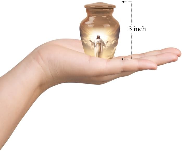 Jesus Christ in Front of the Holy Cross in Sky - Cremation Urns Small - Unique Urn - 3 Inch - Pack of 4 - Miniature Memorial Ash Urn - Tiny Remembrance Container - Adult Urns for Human Ashes Men