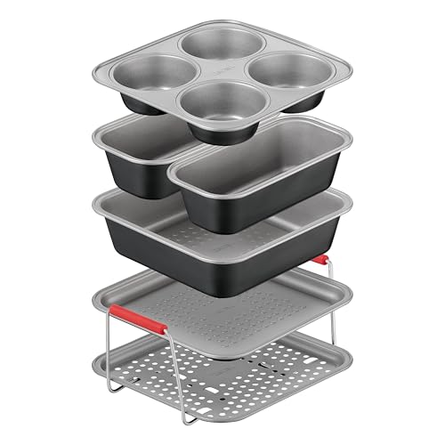 Tefal DailEasy 6-tlg. Heißluftfritteusen Accessoires Set Lochblech-Tablett Backblech Brat- & Auflaufform 2x Kastenform 4er-Muffin-Backform ergonomische Griffe Antihaftbeschichtet J701S644