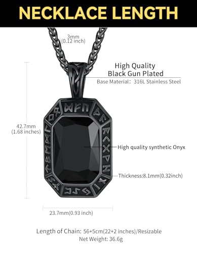 Image of ChainsHouse Viking Rune Pendant Necklace for Men Women, Punk Biker Black Metal /316L Stainless Steel Onyx Norse Vintage Amulet Necklaces with Black /Red /Green /Blue Gemstone, Send Gift Box
